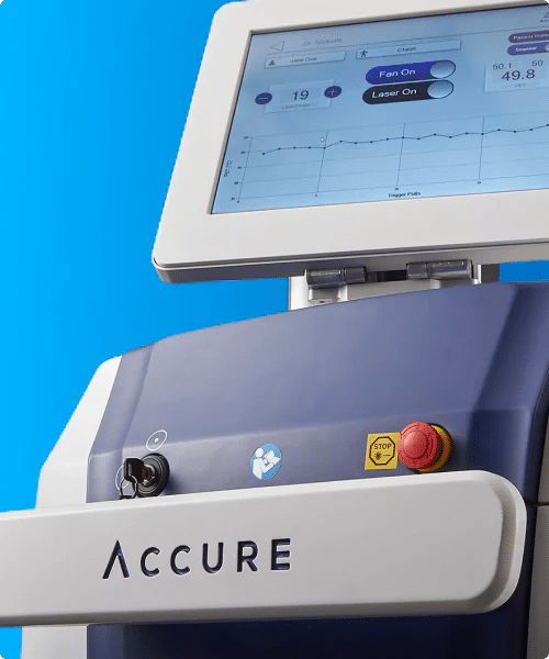 A close-up of an Accure medical aesthetic laser machine console